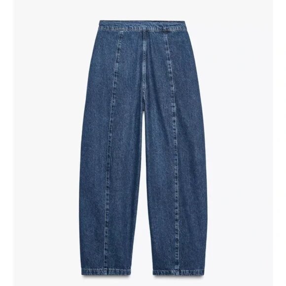 ZARA Z1975 HIGH-WAISTED DRAWSTRING JEANS. Mid-blue L $69.00 MSRP. Worn once. - Picture 3 of 4